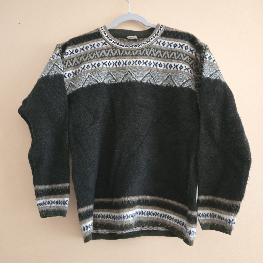 Alpaca Wool Vintage Green Patterned Fuzzy Sweater Size M